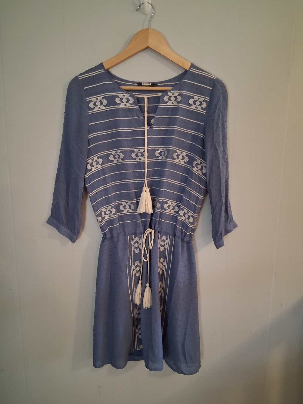 THML Light Blue Embroidered Tassel Mini Dress Size XS